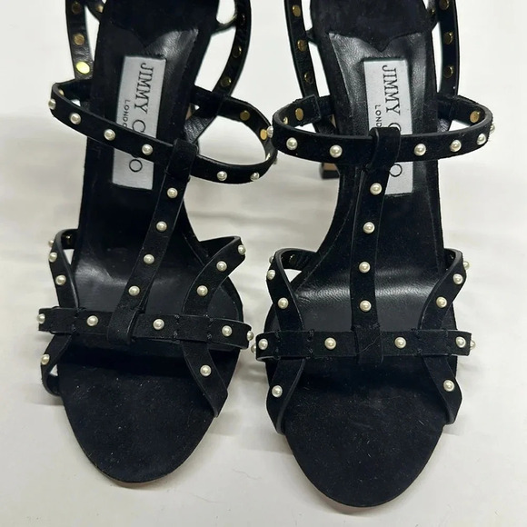 Jimmy Choo Beverly Caged High Heels Faux Pearl Studded Suede Black Size 37 7 - Picture 4 of 12